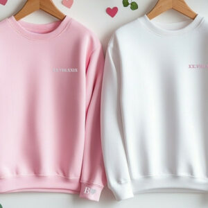 Pull personnalisé pour couple, brodé avec une date et une initiale sur la manche.