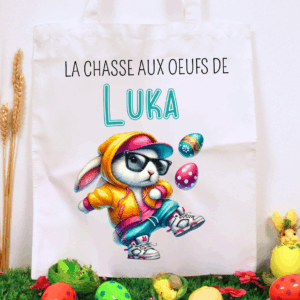 Tote bag personnalisé pour Pâques avec prénom, idéal pour la chasse aux œufs et cadeau enfant.