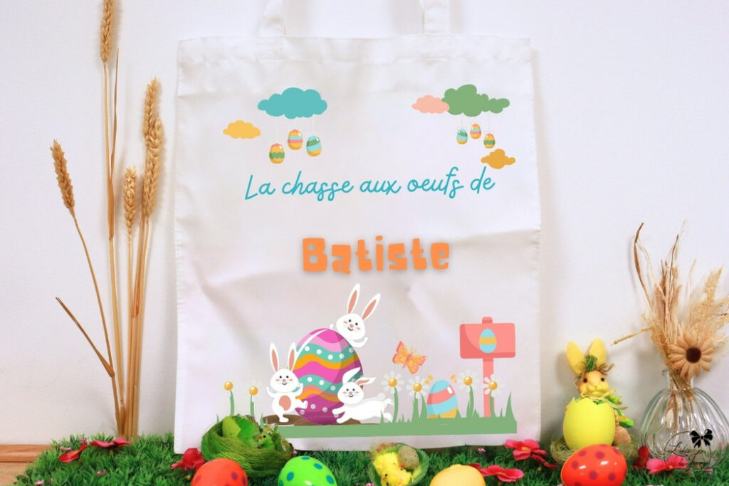 Tote bag Pâques personnalisé pour enfant avec prénom et lapin