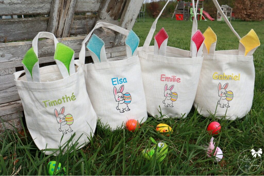 Petit sac de Pâques personnalisé avec prénom, oreilles de lapin et motif de lapin