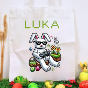 Tote bag personnalisé pour Pâques avec prénom, idéal pour la chasse aux œufs et cadeau enfant.