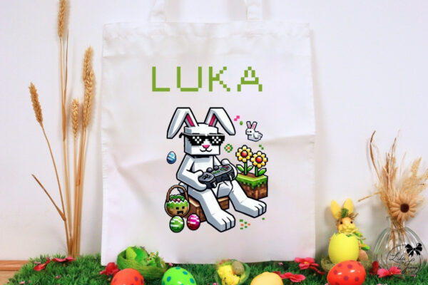 Tote bag personnalisé pour Pâques avec prénom, idéal pour la chasse aux œufs et cadeau enfant.