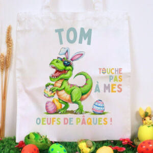 Tote bag personnalisé pour Pâques avec prénom, idéal pour la chasse aux œufs et cadeau enfant.