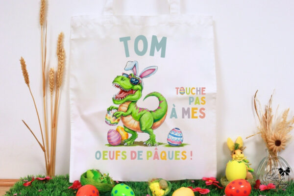 Tote bag personnalisé pour Pâques avec prénom, idéal pour la chasse aux œufs et cadeau enfant.