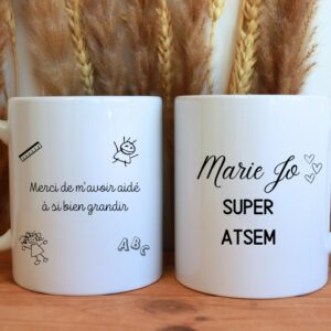 Mug personnalisé atsem, cadeau de fin d’année scolaire – maîtresse, maître, nounou