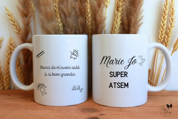 Mug personnalisé atsem, cadeau de fin d’année scolaire – maîtresse, maître, nounou