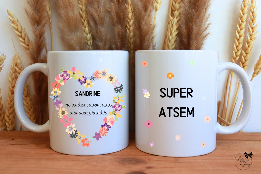 Mug personnalisé atsem, cadeau de fin d’année scolaire – maîtresse, maître, nounou