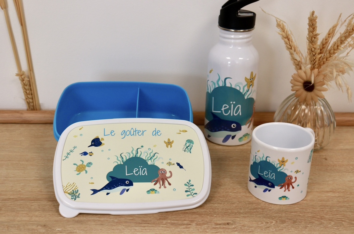 ensemble de gourde boite a gouter et tasse